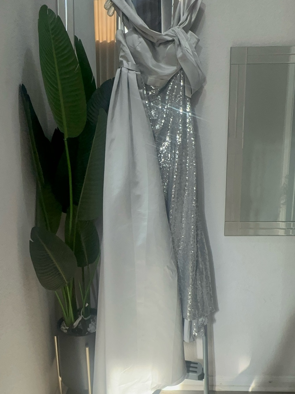 Silver Sequin and Satin Draped Prom Gown. Brand New!